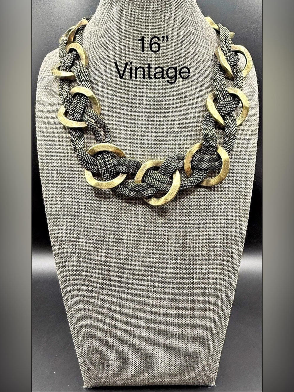 Vintage Antique Brass Woven Mesh Chain & Interlocking Ring Choker Necklace